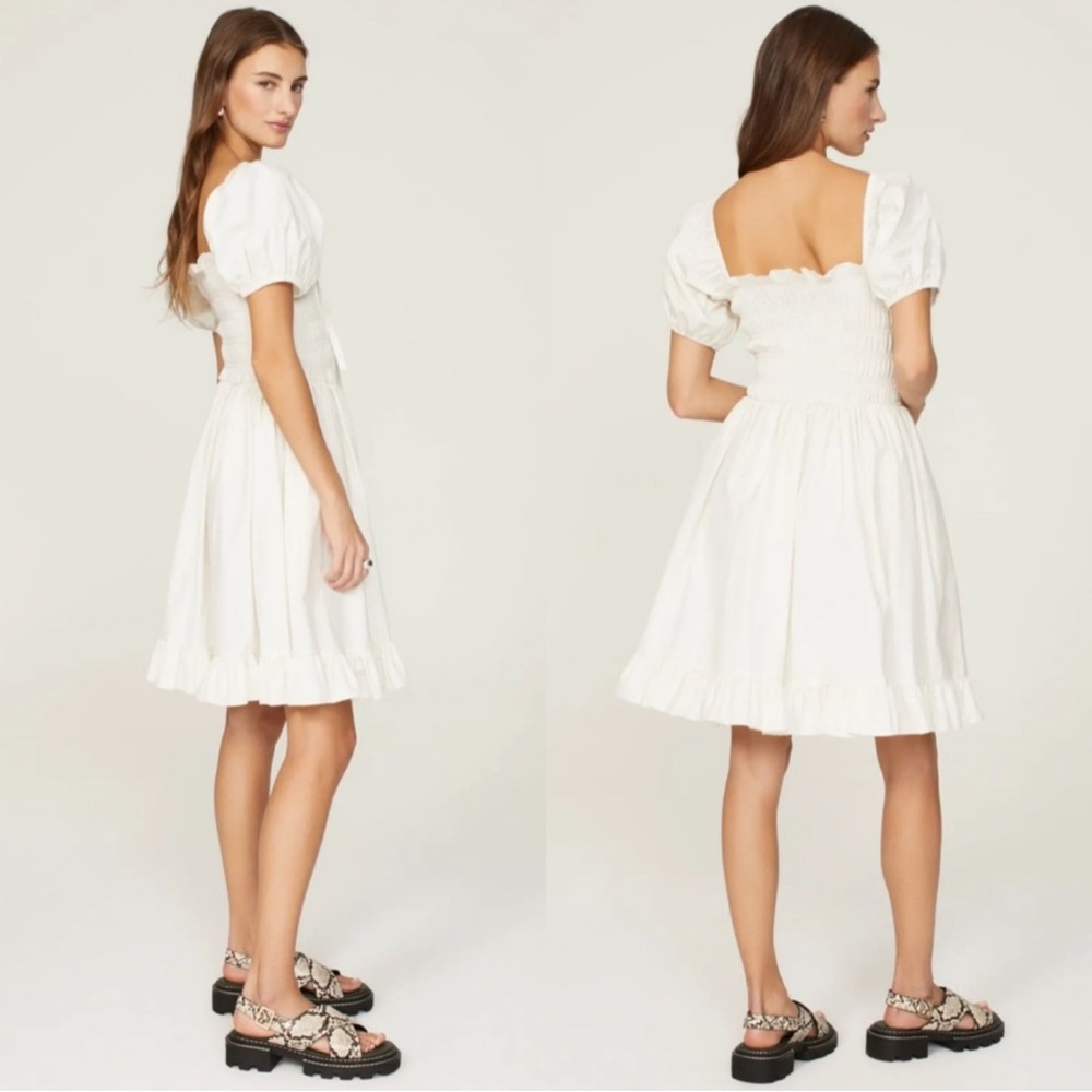 Sandy Liang Kleen White Smocked Puff
Sleeve Tie Front Mini Dress Sz 4 - Picture 2 of 16